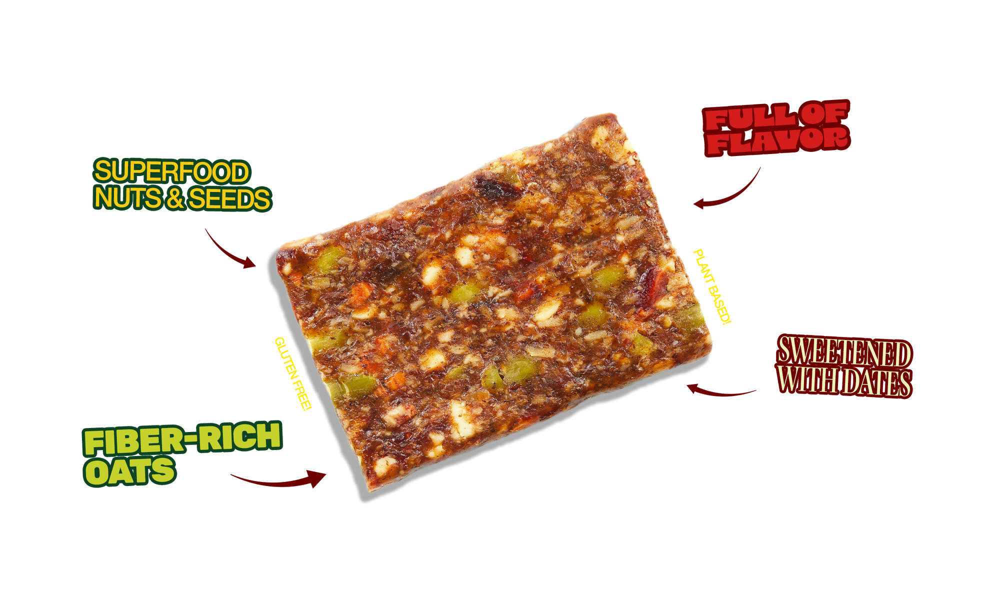 Bar with superfood ingredients labeled on a white background