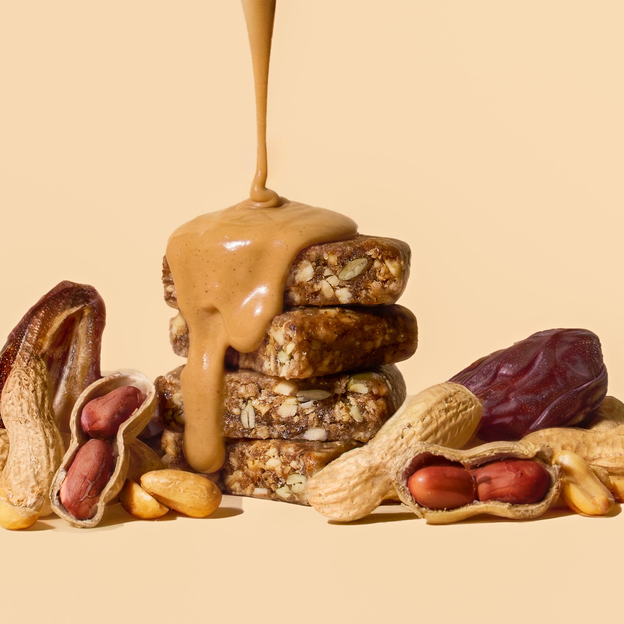 Chewy peanut butter snack bar stack with peanut butter drizzle