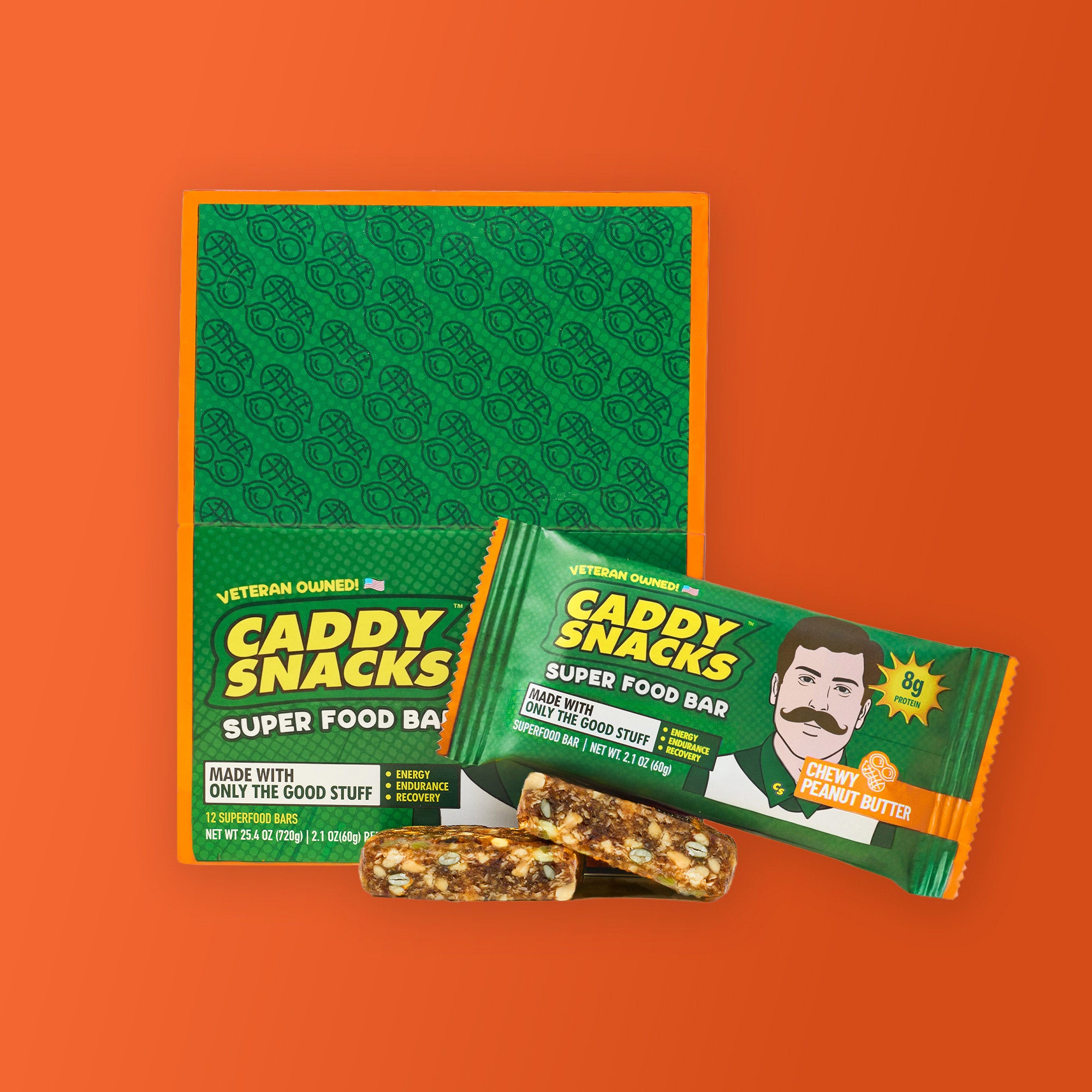 Chewy peanut butter snack bar set with two green-wrapped bars