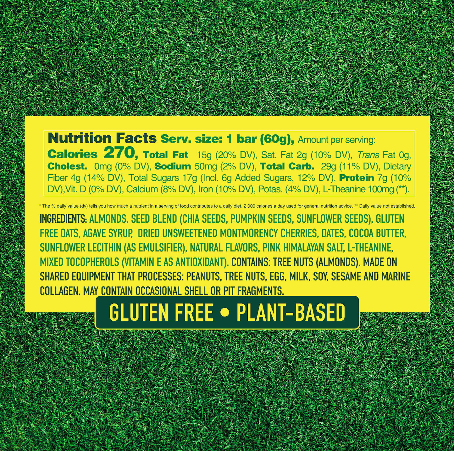 Nutrition facts panel for a gluten-free plant-based super food bar