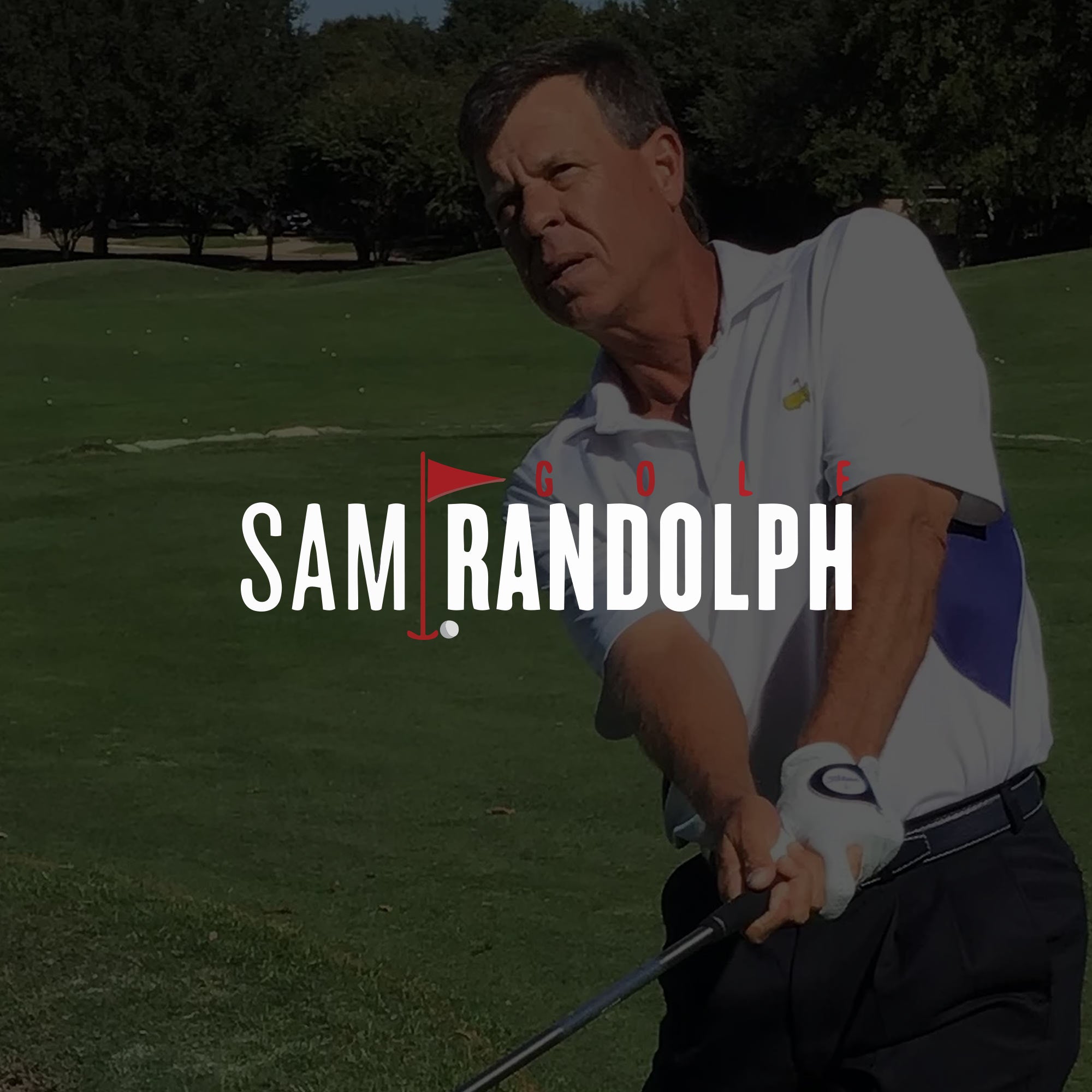 Golfer in action on a golf course with 'Sam Randolph' branding.